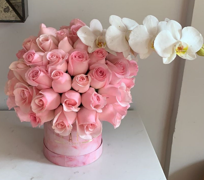 Box Mármol Rosa Mediano caricia + orquídea
