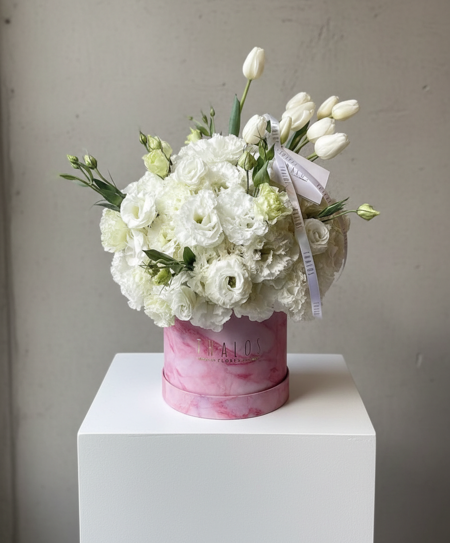 Box Mármol Rosa Grande lisianthus y tulipán