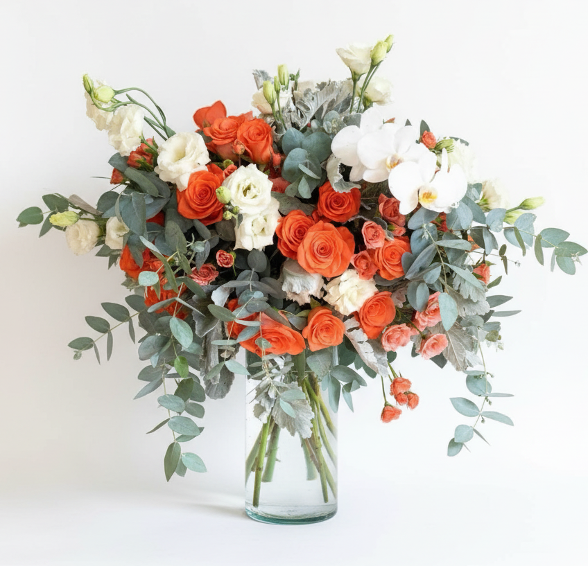 Florero Alto Coral y Orquídeas