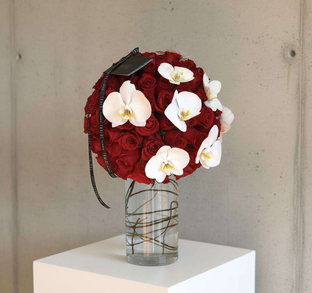 Esfera roja con orquídeas