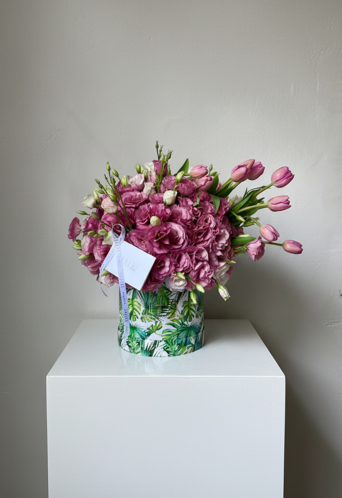 Box Selva Grande lisianthus y tulipanes